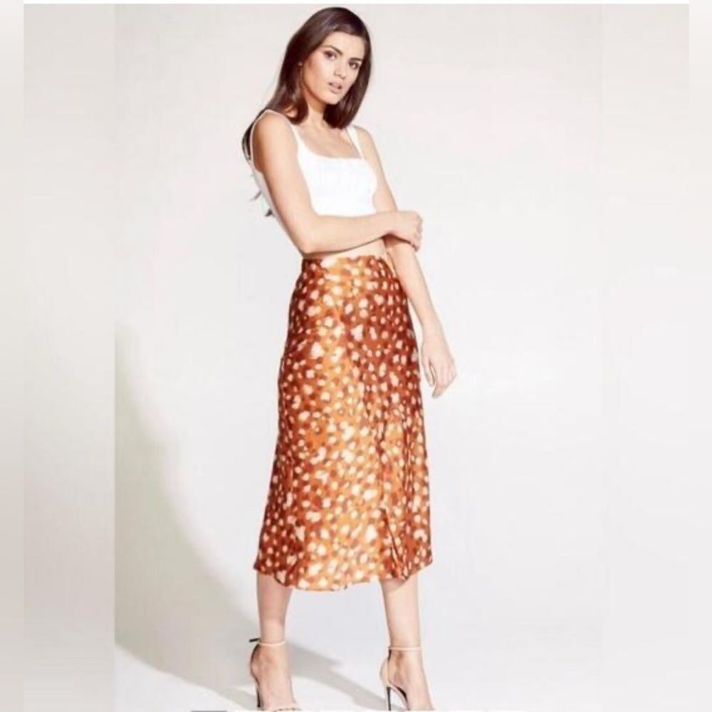 Bardot Mayah spliced rust and white scratch print satin midi slip skirt size 6